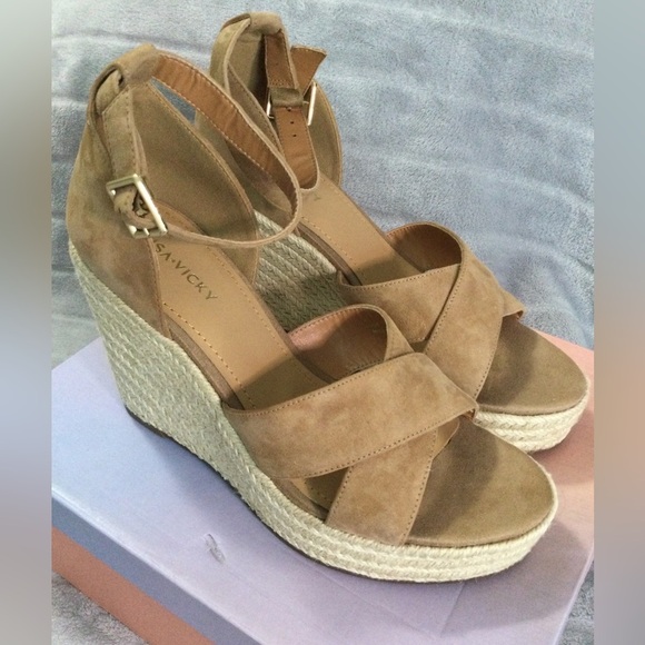 Lisa Vicky Gemi Cognac Kid Suede Platform Espadrille Wedges Size 9M - Picture 6 of 12